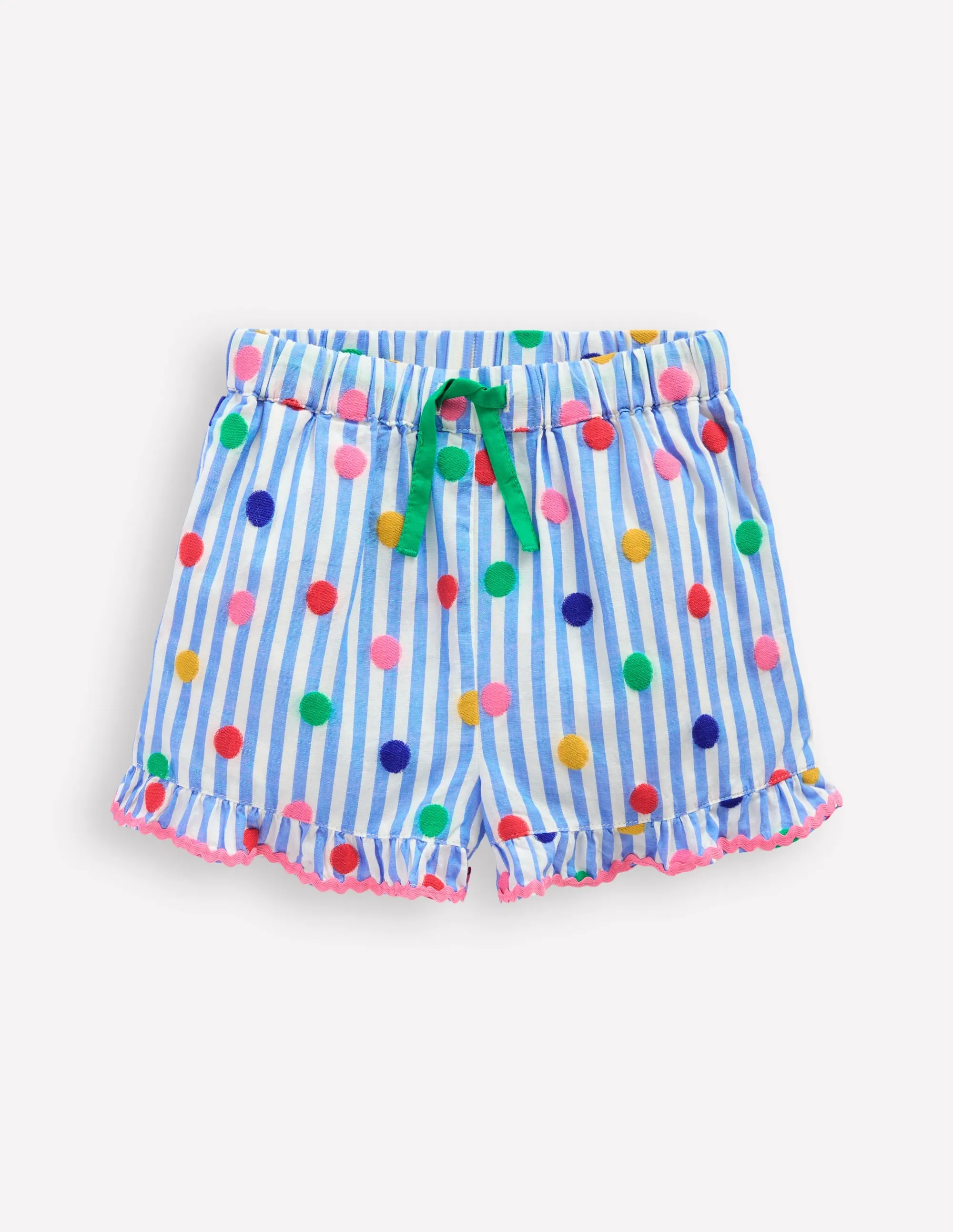 Juniper Woven Frill Shorts-Peacock Plume Blue Spot