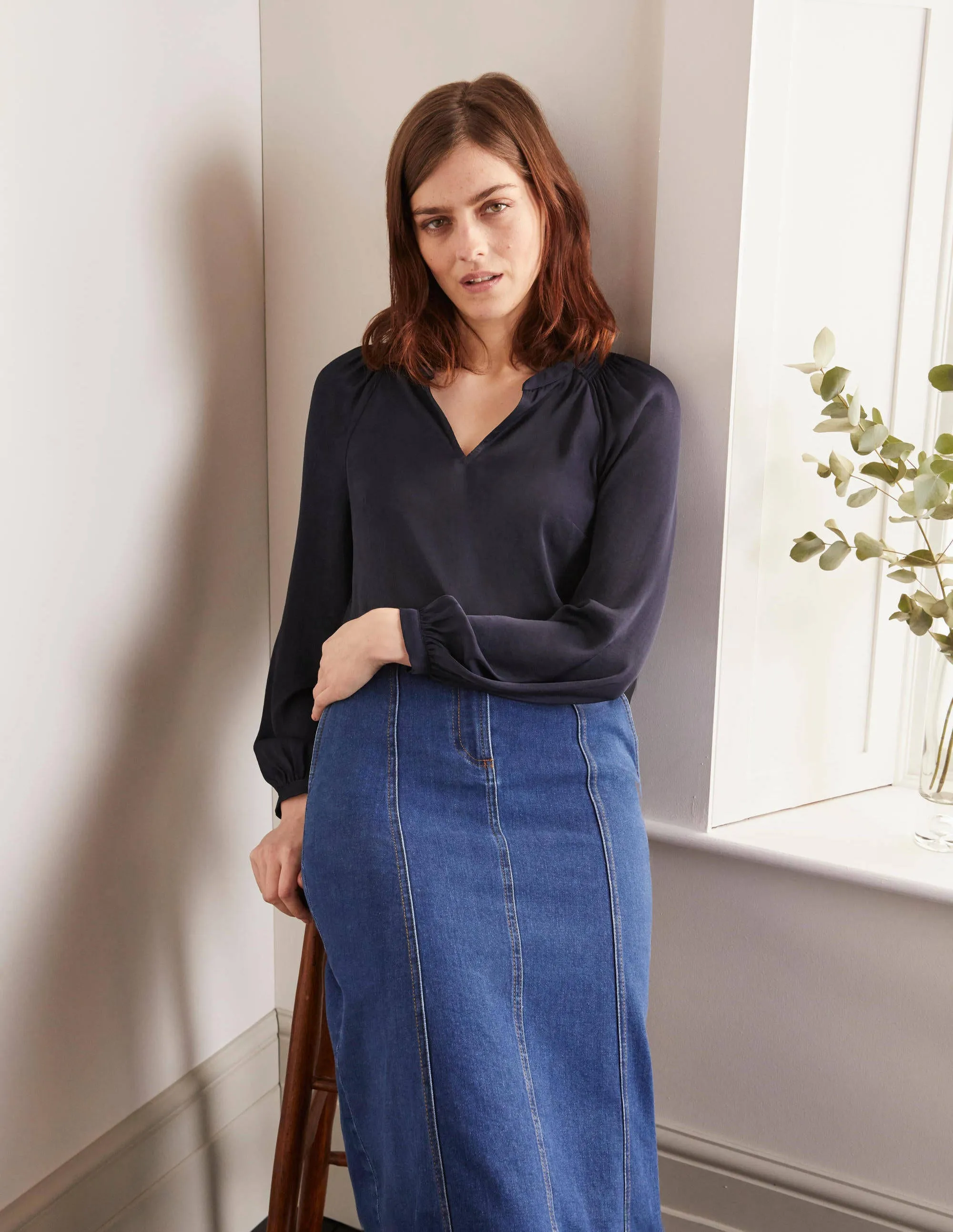 Kitty Smocked Neck Blouse-Navy