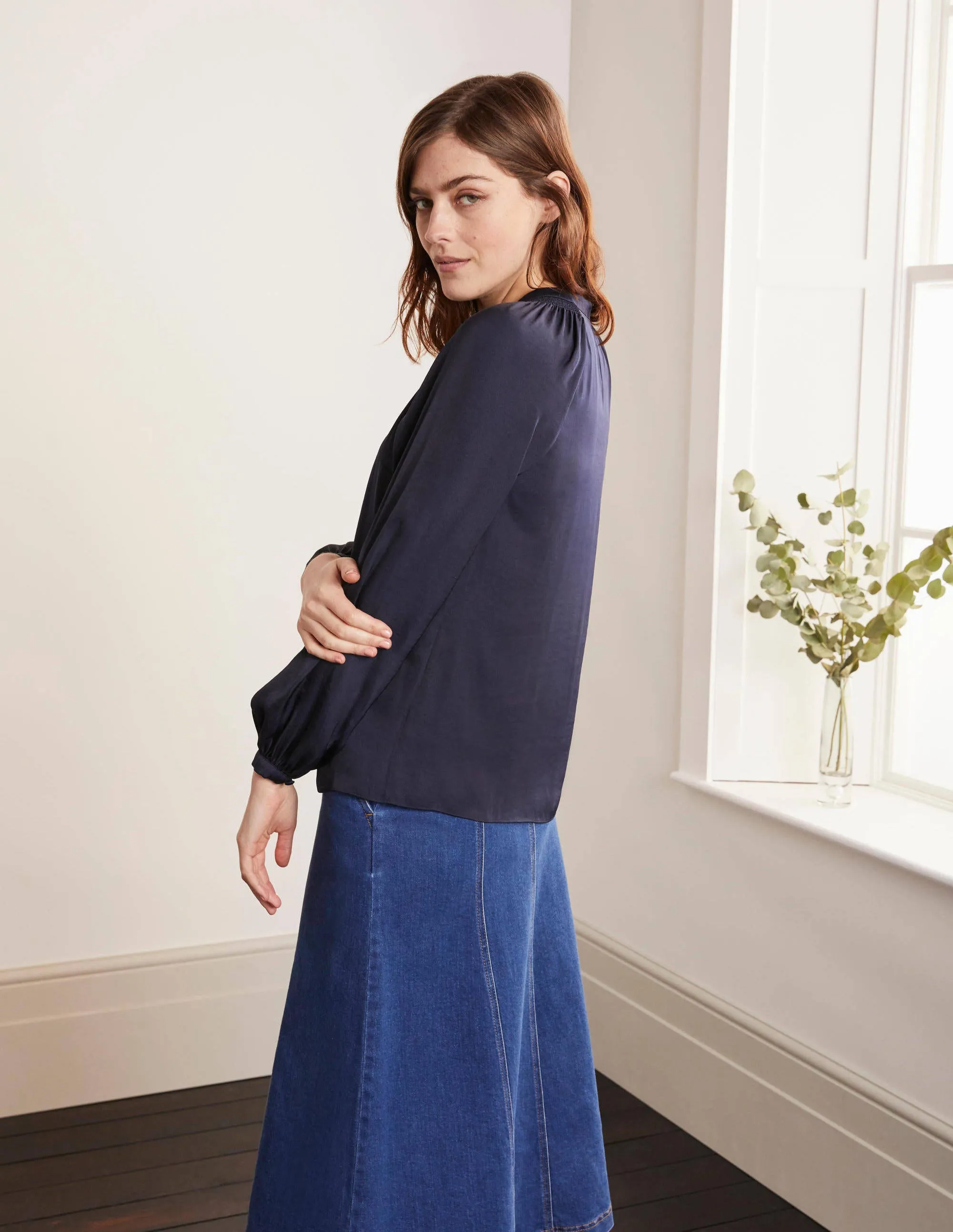 Kitty Smocked Neck Blouse-Navy