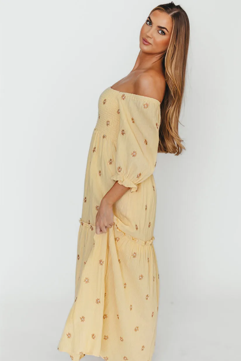 Nia Embroidered Floral Midi Dress in Beige