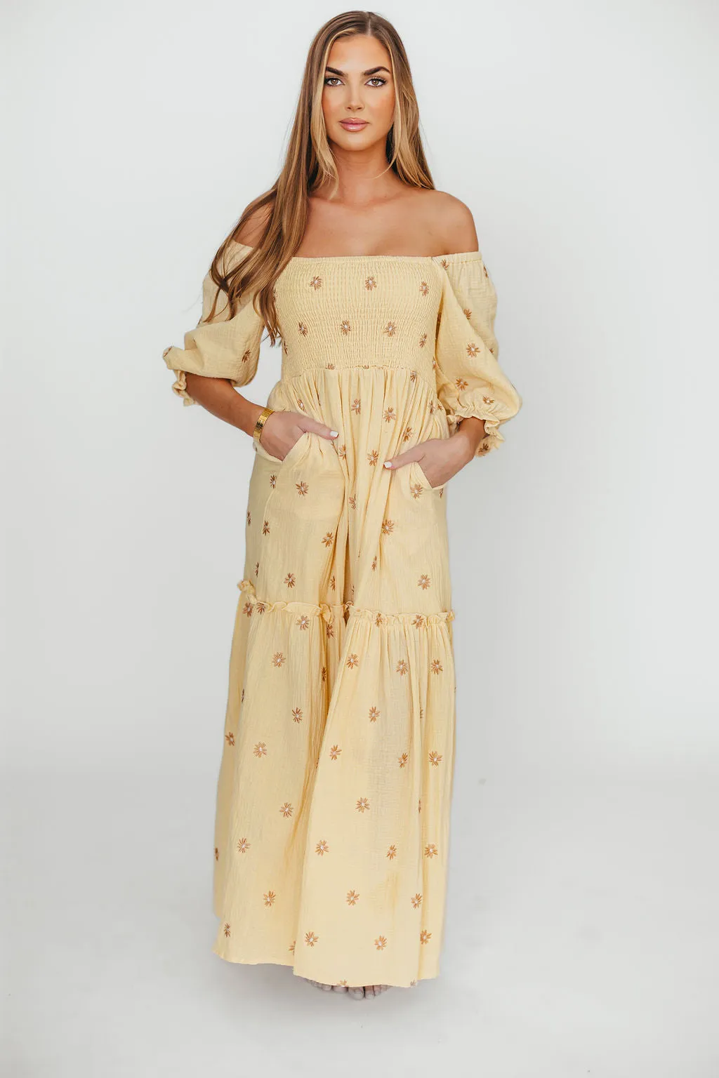 Nia Embroidered Floral Midi Dress in Beige