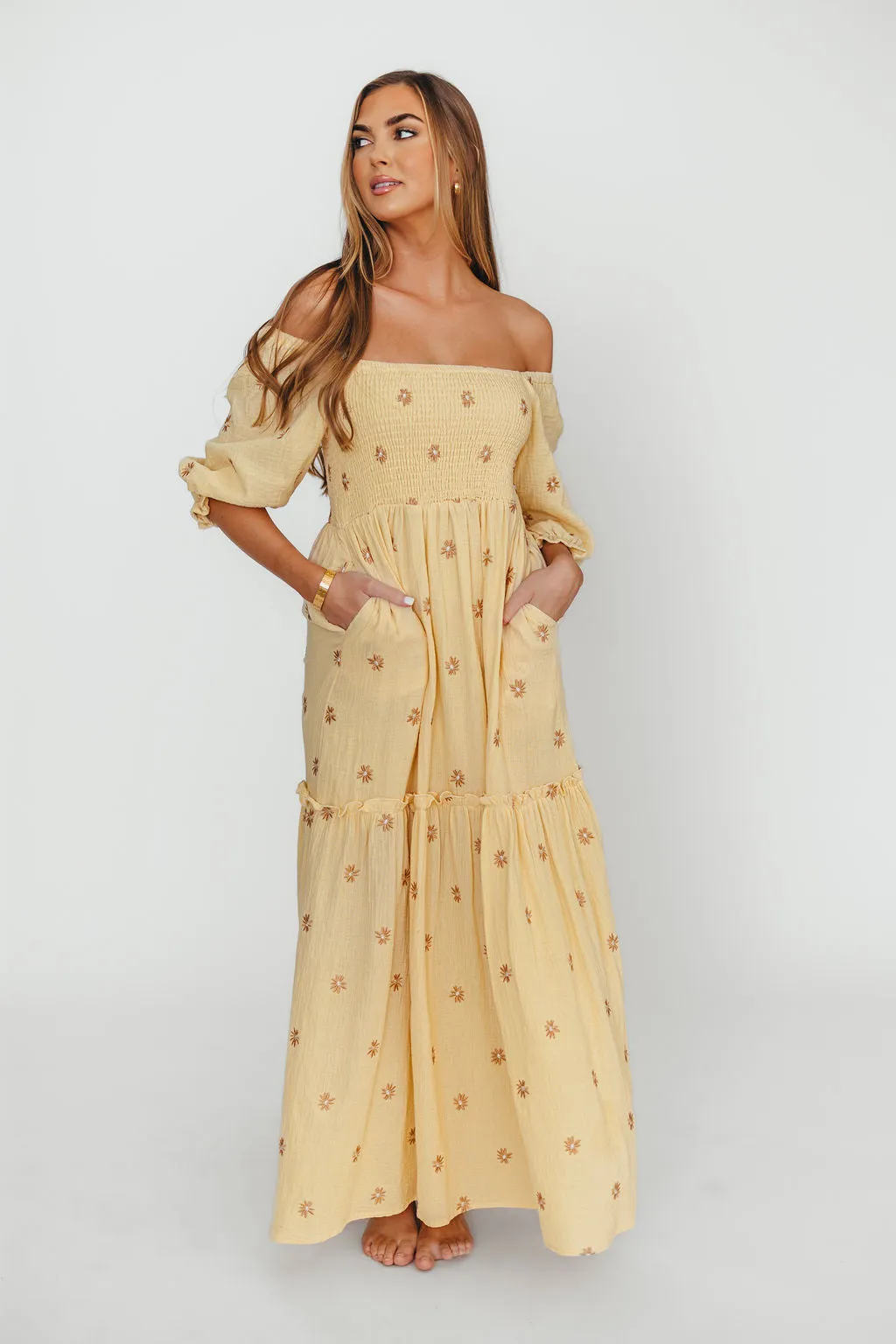 Nia Embroidered Floral Midi Dress in Beige