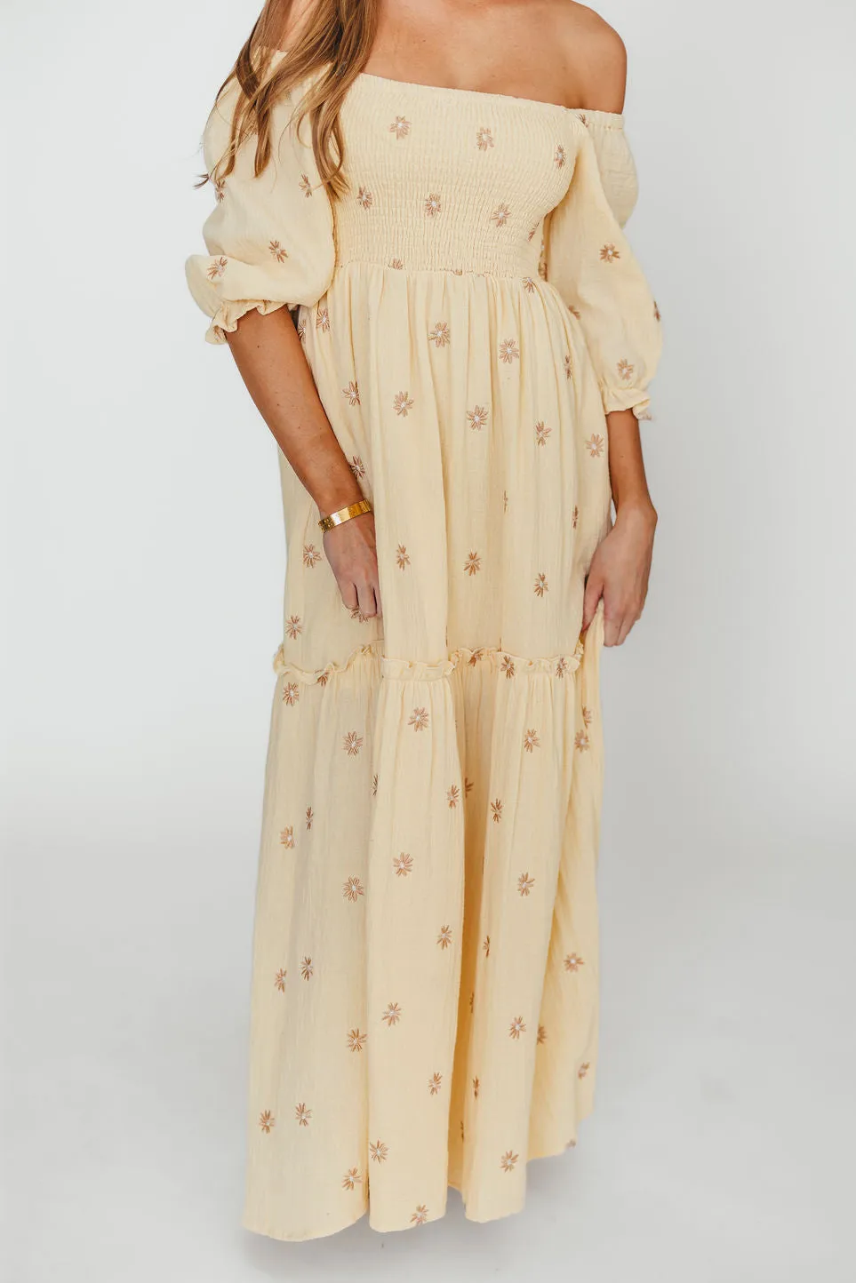 Nia Embroidered Floral Midi Dress in Beige