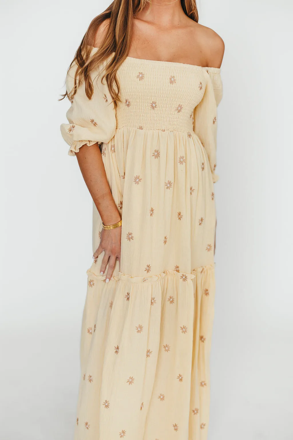 Nia Embroidered Floral Midi Dress in Beige