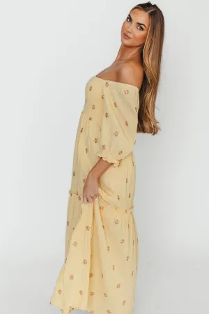 Nia Embroidered Floral Midi Dress in Beige