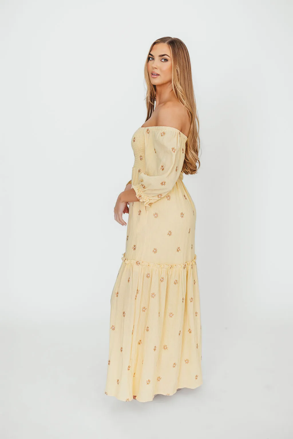 Nia Embroidered Floral Midi Dress in Beige