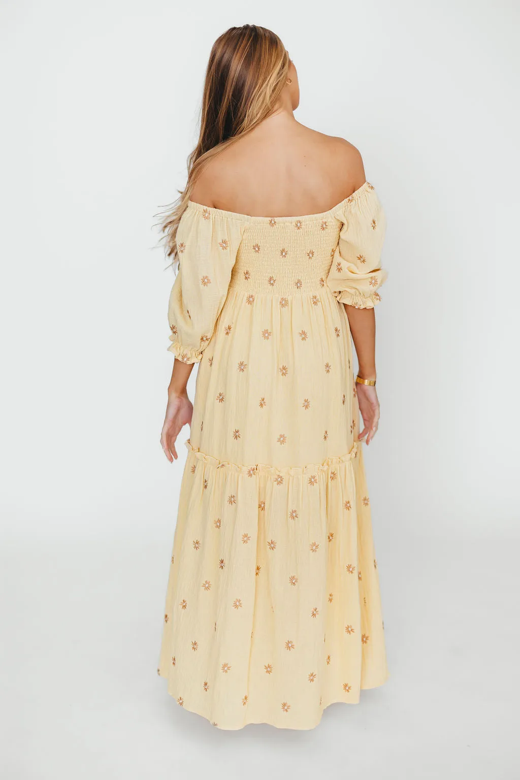 Nia Embroidered Floral Midi Dress in Beige
