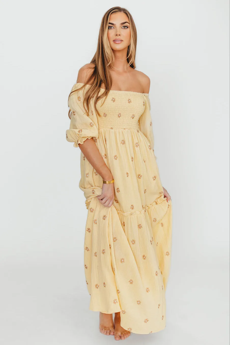 Nia Embroidered Floral Midi Dress in Beige