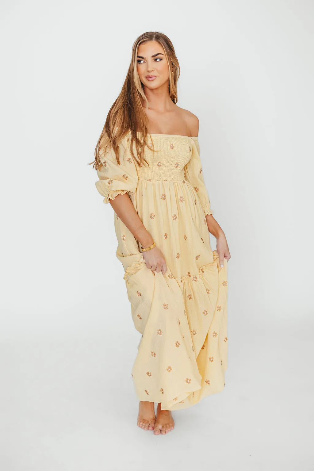 Nia Embroidered Floral Midi Dress in Beige
