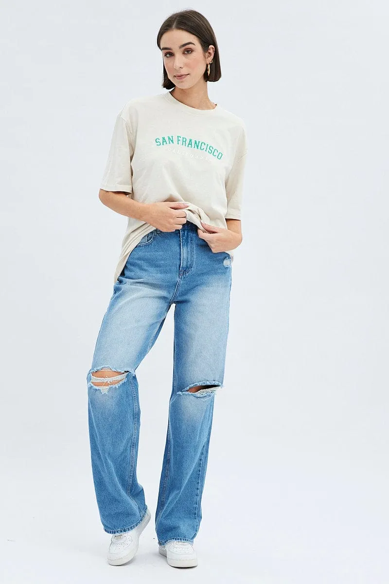 Nude Short Sleeve Embroidered Graphic T Shirt