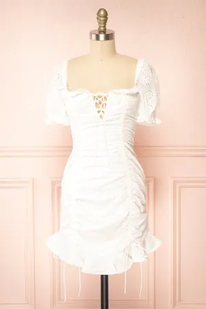 Octensia | Short White Fitted Dress w/ Openwork Embroidery