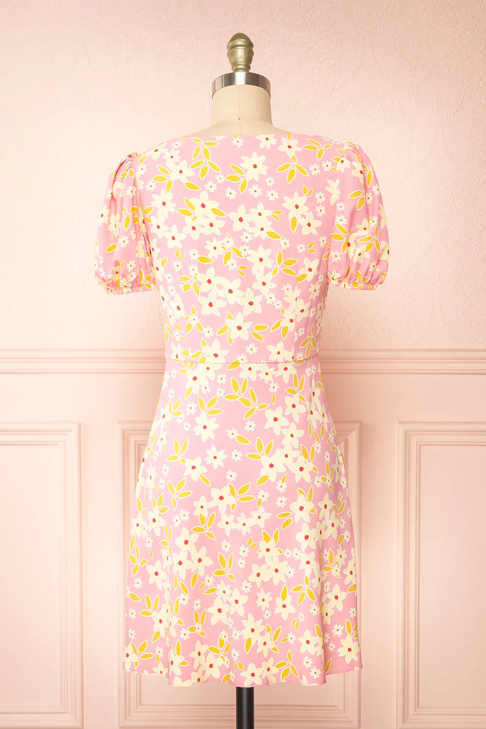 Olga | Short Pink Floral Dress w/ Puffy Sleeves