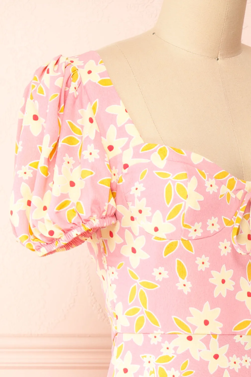 Olga | Short Pink Floral Dress w/ Puffy Sleeves