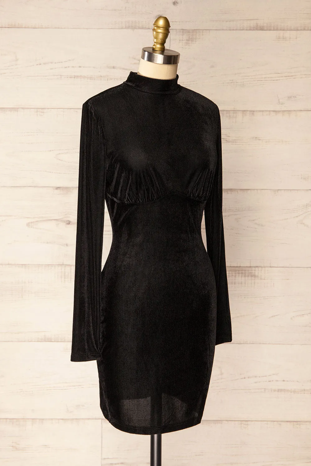 Olmeto | Black Velvet Dress w/ High Collar