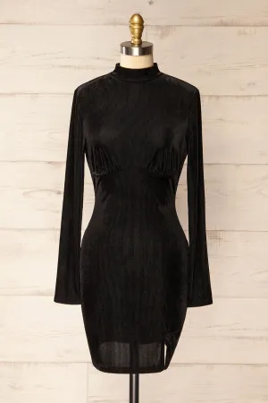 Olmeto | Black Velvet Dress w/ High Collar