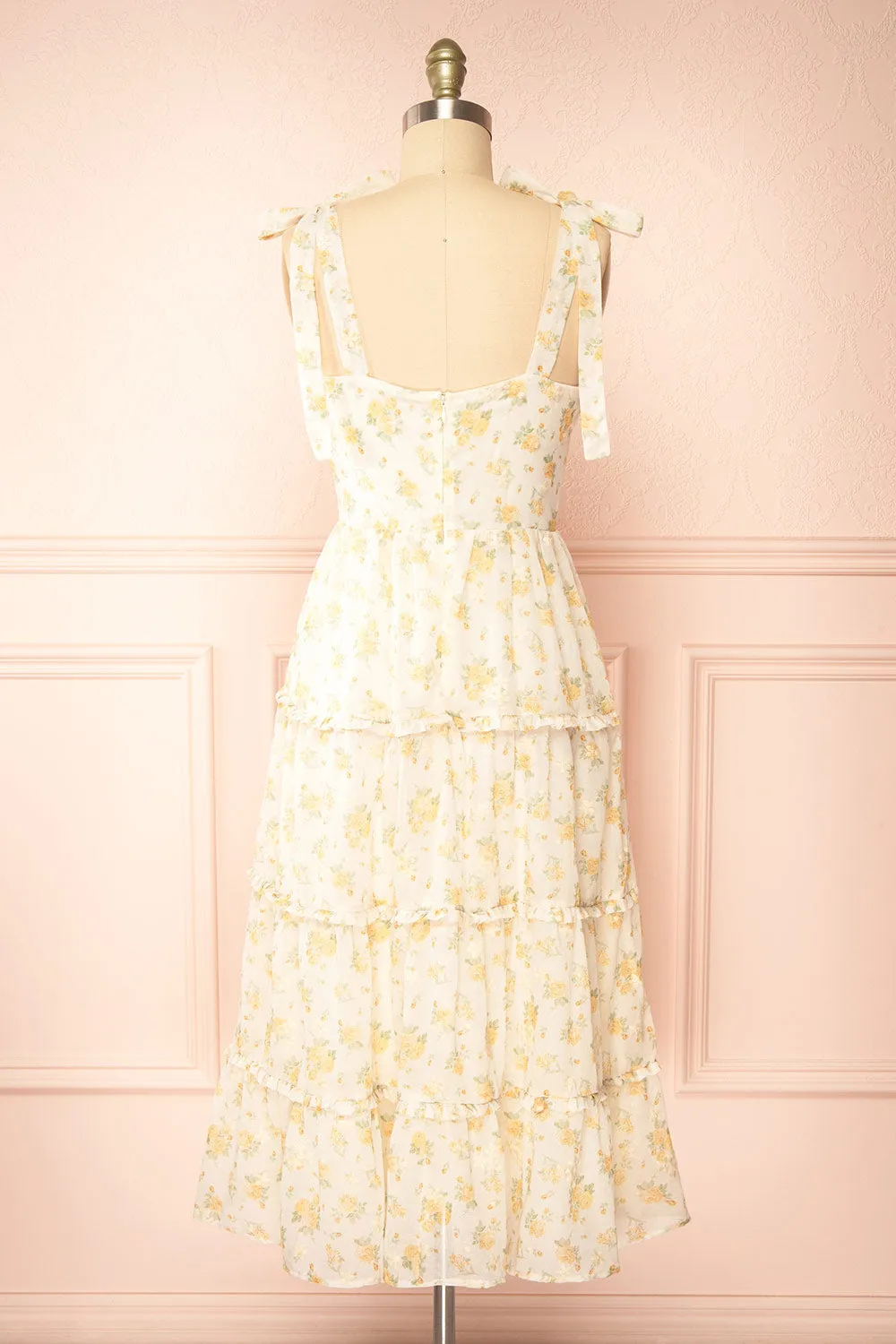 Omelta | Ivory Midi Dress w/ Yellow Roses Motif