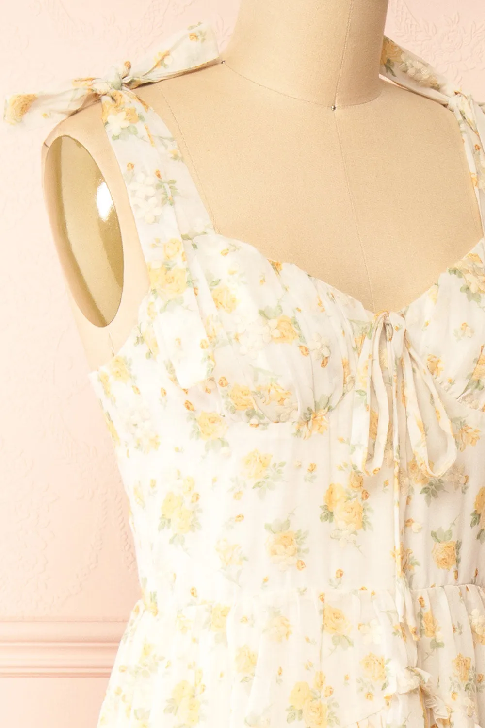 Omelta | Ivory Midi Dress w/ Yellow Roses Motif