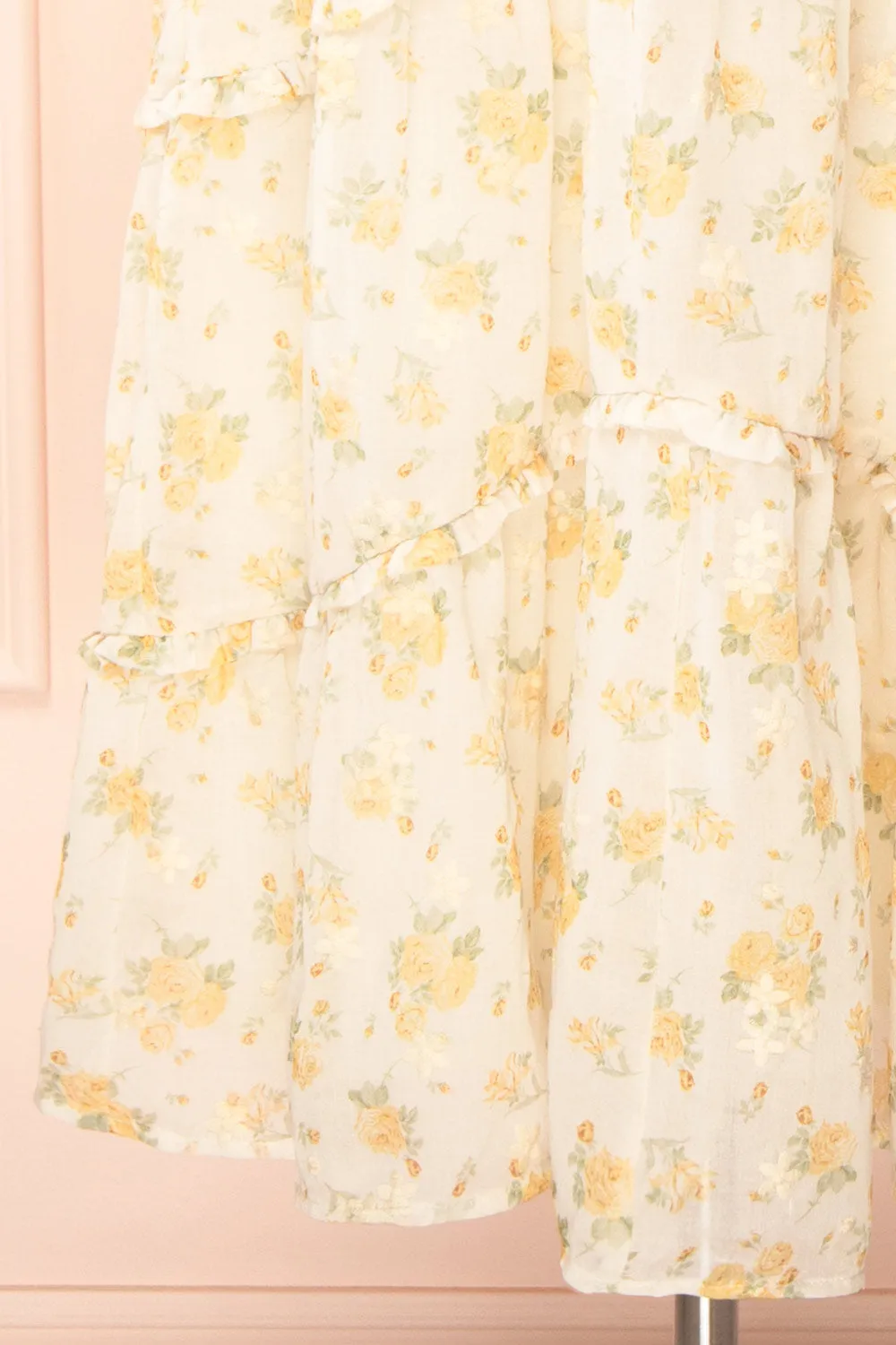Omelta | Ivory Midi Dress w/ Yellow Roses Motif