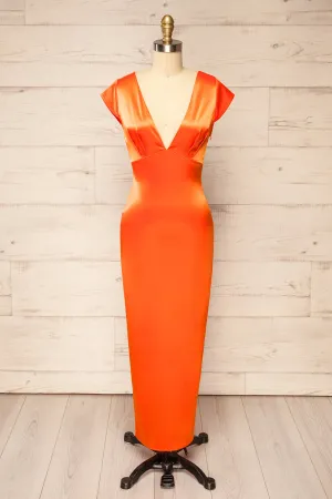 Orabelle | Fitted Orange Satin Midi Dress