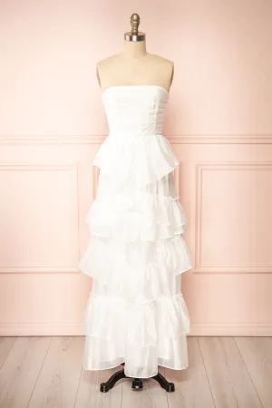 Orlaith | White Layered Maxi Dress w/ Ruffles