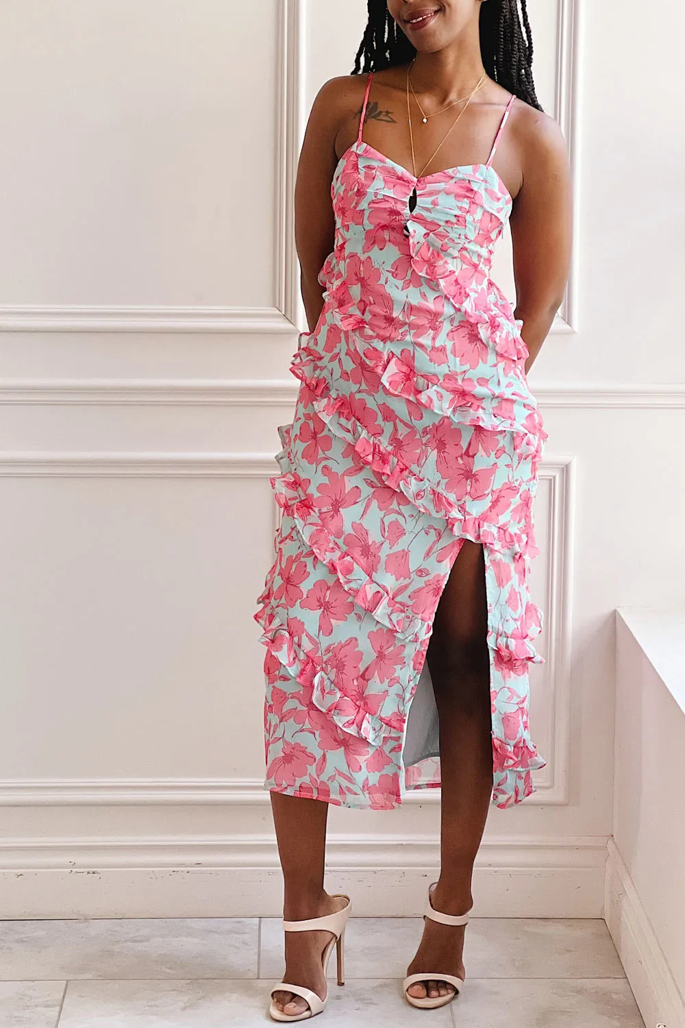 Orleana | Midi Floral Dress w/ Rows of Ruffles