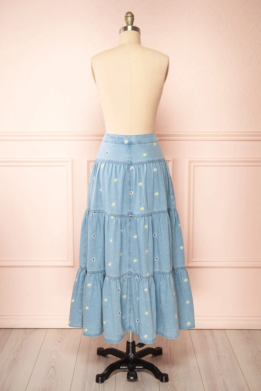 Ostap | Denim Midi Skirt w/ Floral Embroidery