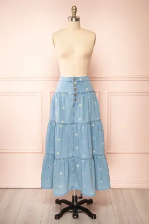 Ostap | Denim Midi Skirt w/ Floral Embroidery