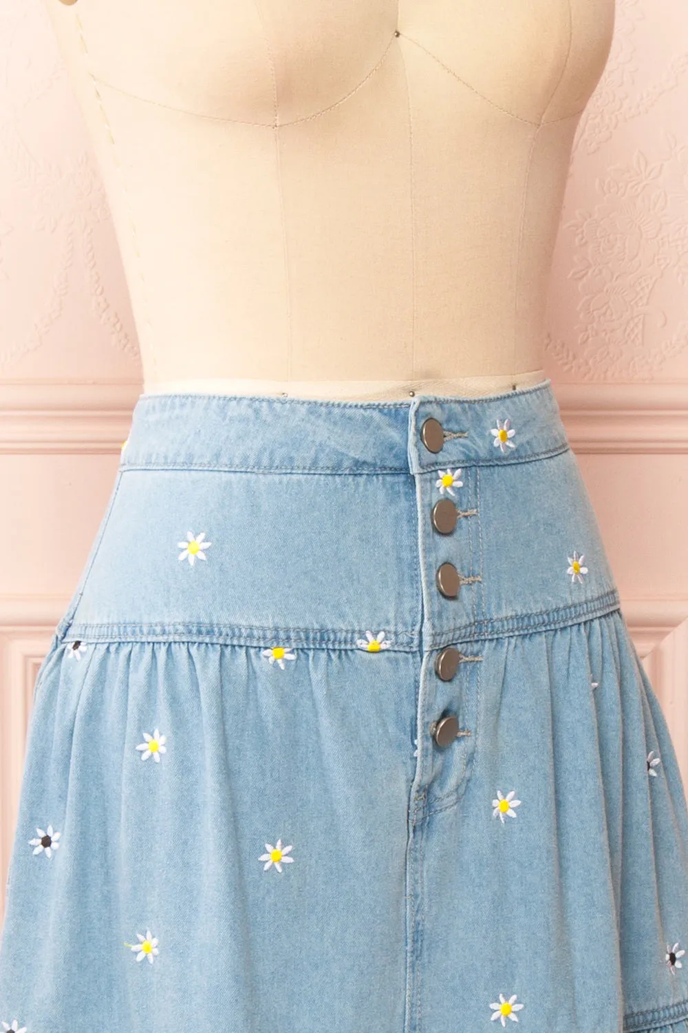 Ostap | Denim Midi Skirt w/ Floral Embroidery