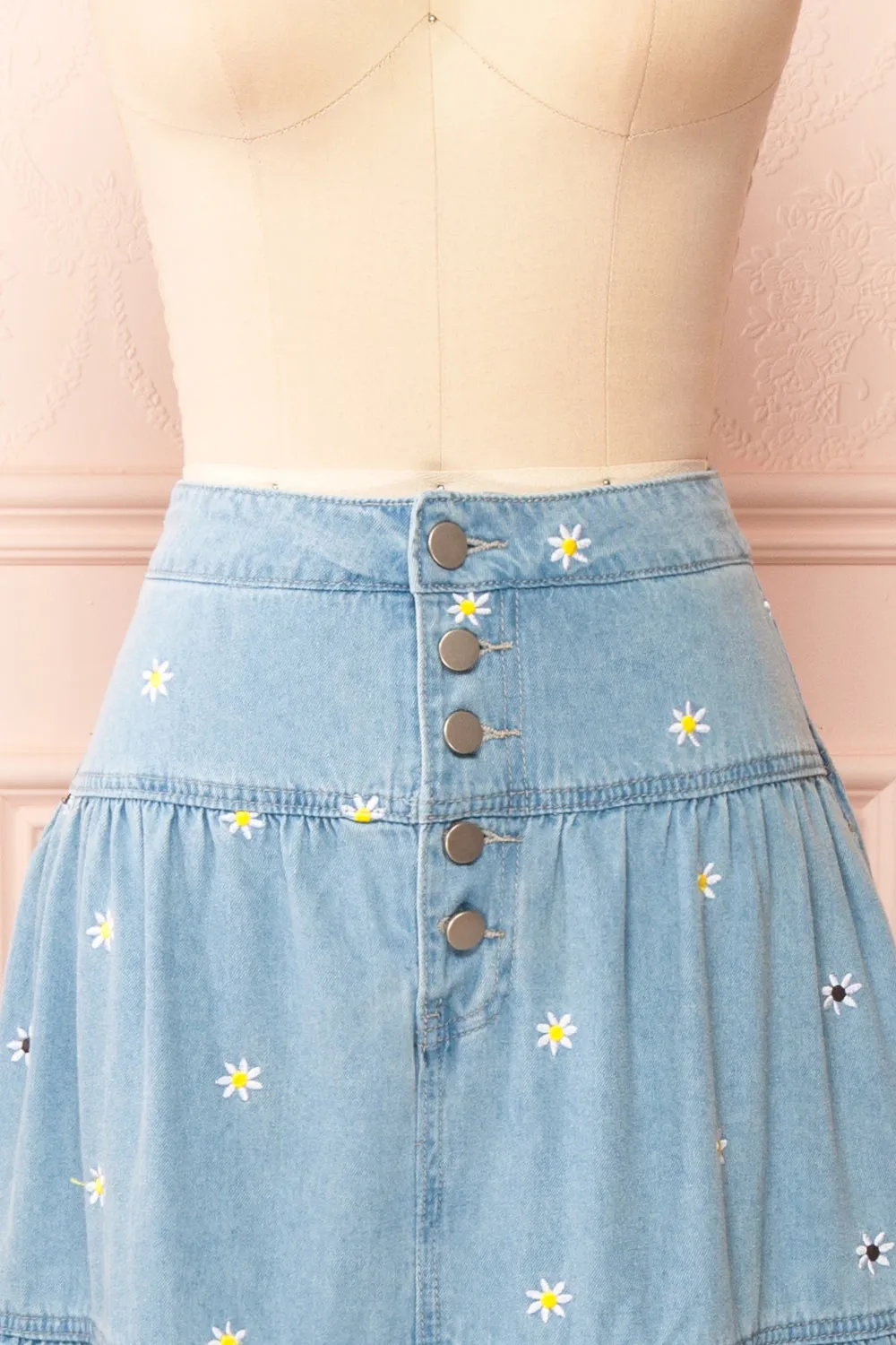Ostap | Denim Midi Skirt w/ Floral Embroidery