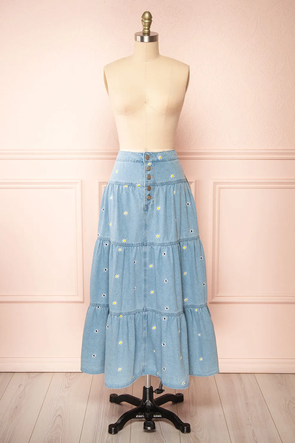 Ostap | Denim Midi Skirt w/ Floral Embroidery