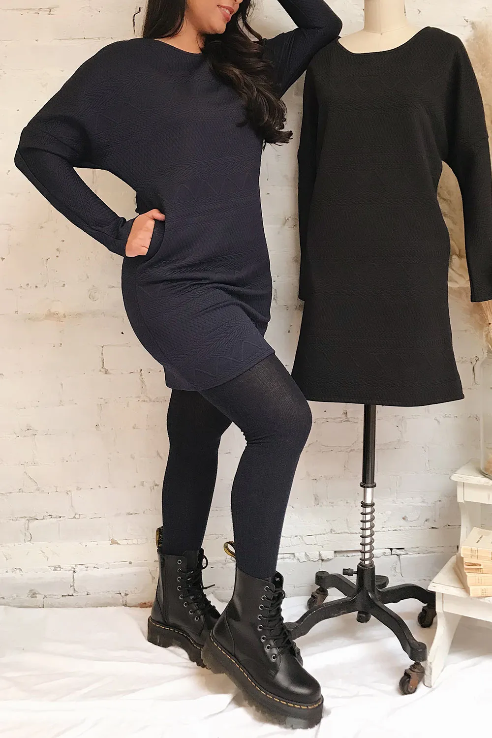 Oufa Black | Long Sleeve Textured Dress