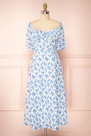 Ouiza | Floral Midi Dress w/ Puffy Sleeves