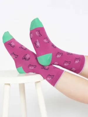 Outline Animal Bamboo Socks - Purple Cat