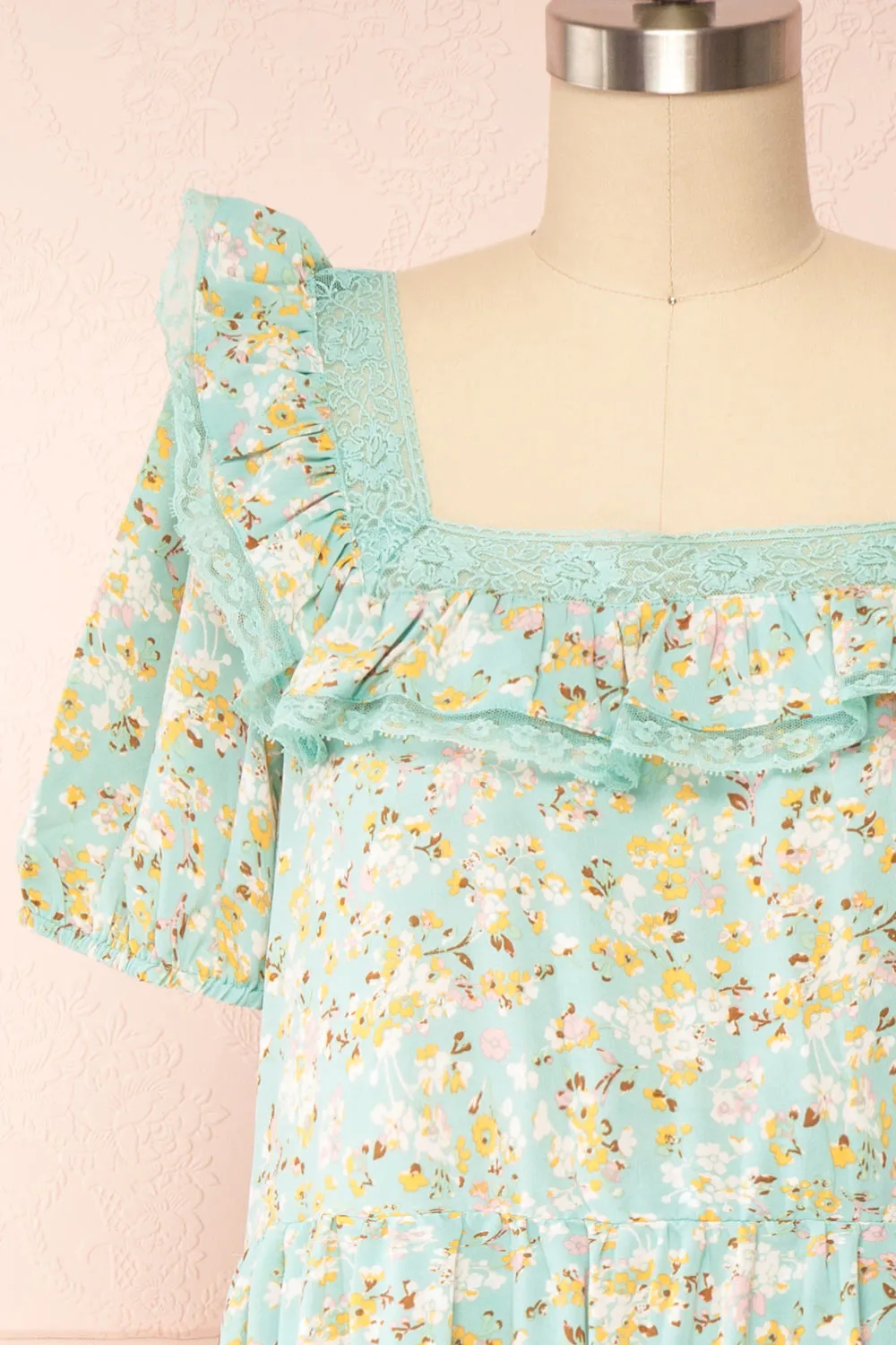 Oydis Mint | Floral Midi Dress w/ Square Neckline