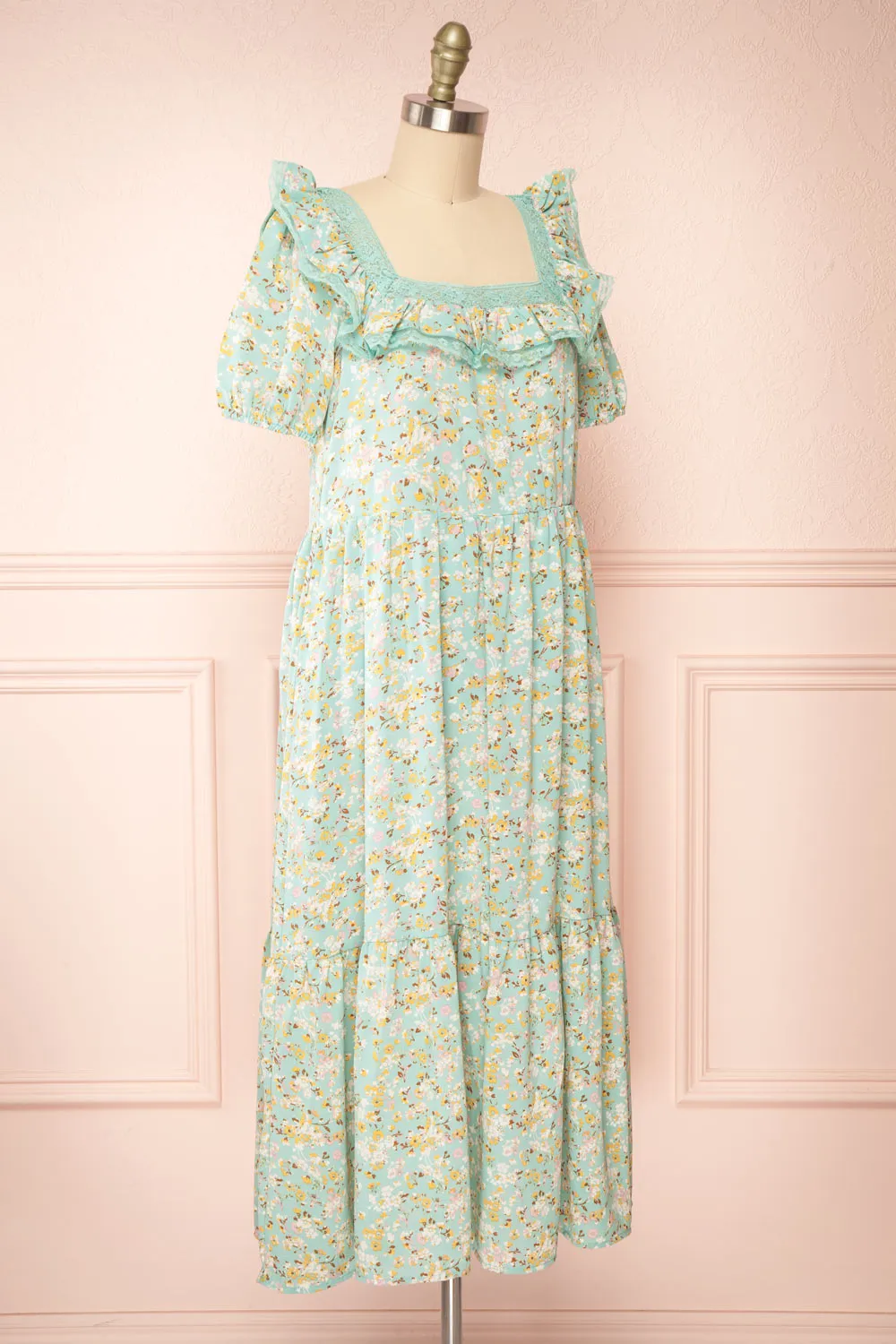 Oydis Mint | Floral Midi Dress w/ Square Neckline