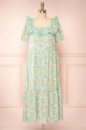 Oydis Mint | Floral Midi Dress w/ Square Neckline
