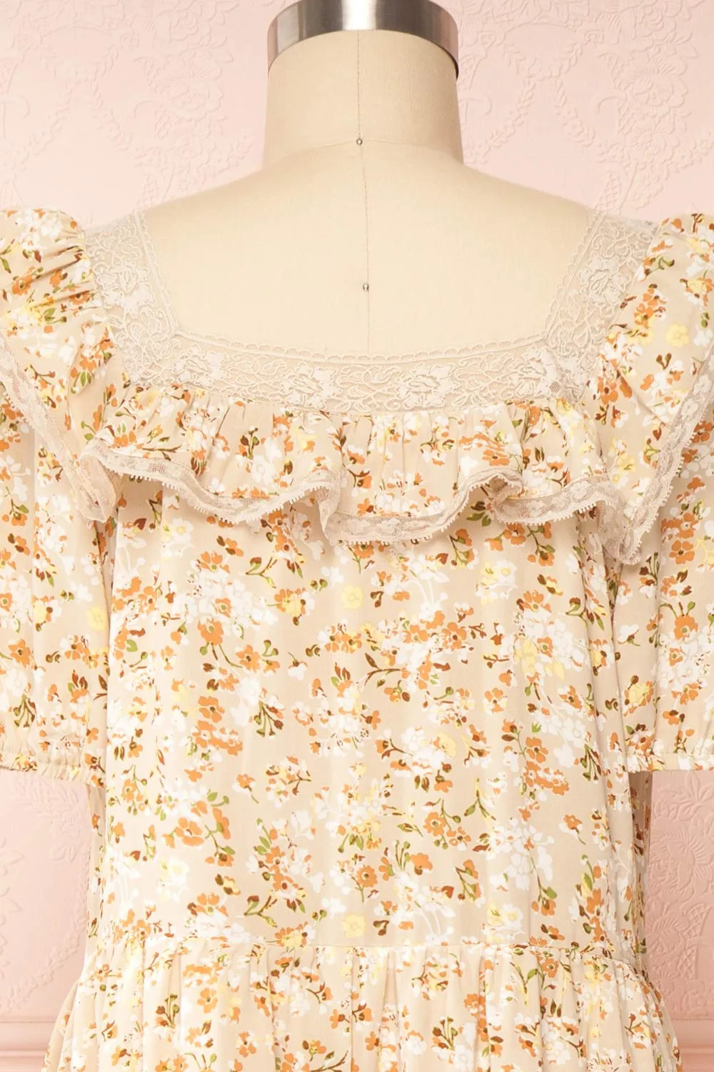 Oydis Taupe | Floral Midi Dress w/ Square Neckline