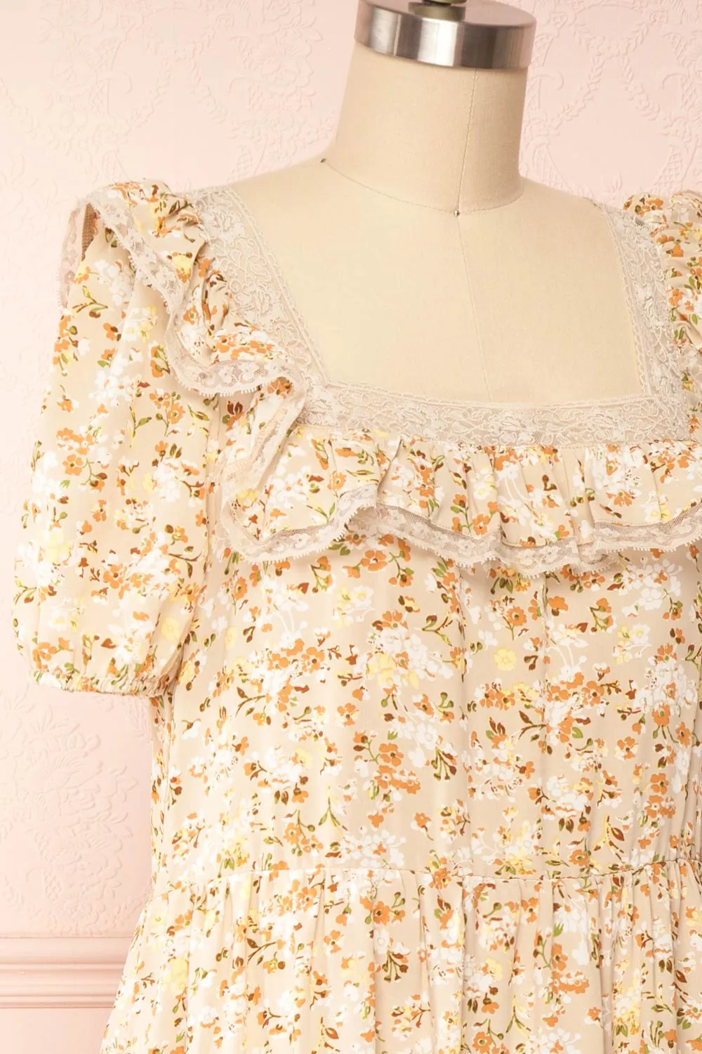 Oydis Taupe | Floral Midi Dress w/ Square Neckline