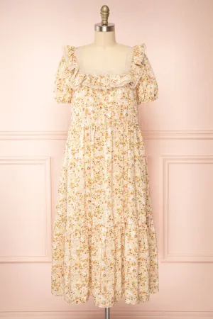 Oydis Taupe | Floral Midi Dress w/ Square Neckline