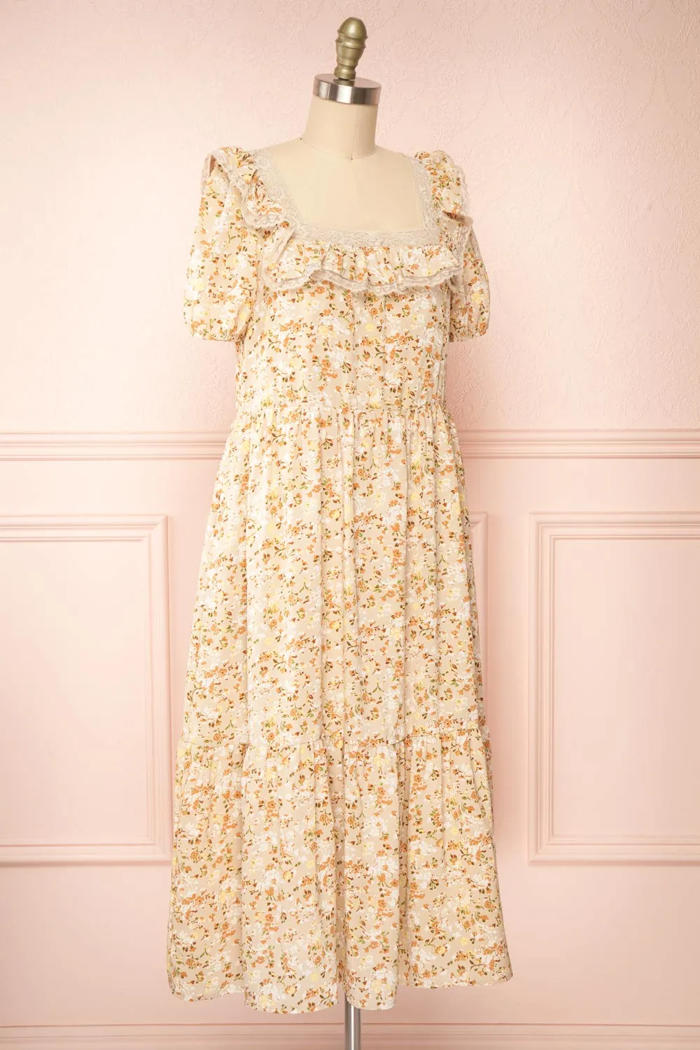 Oydis Taupe | Floral Midi Dress w/ Square Neckline