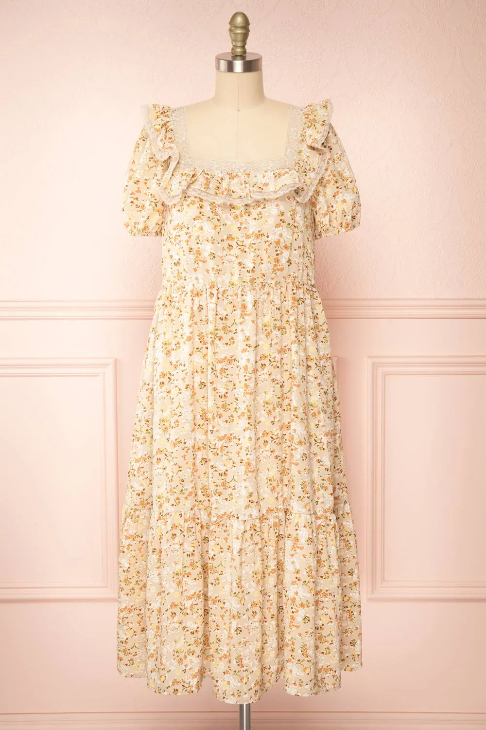 Oydis Taupe | Floral Midi Dress w/ Square Neckline