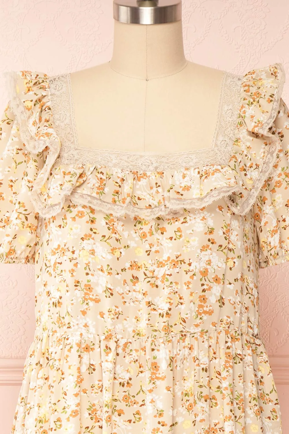 Oydis Taupe | Floral Midi Dress w/ Square Neckline