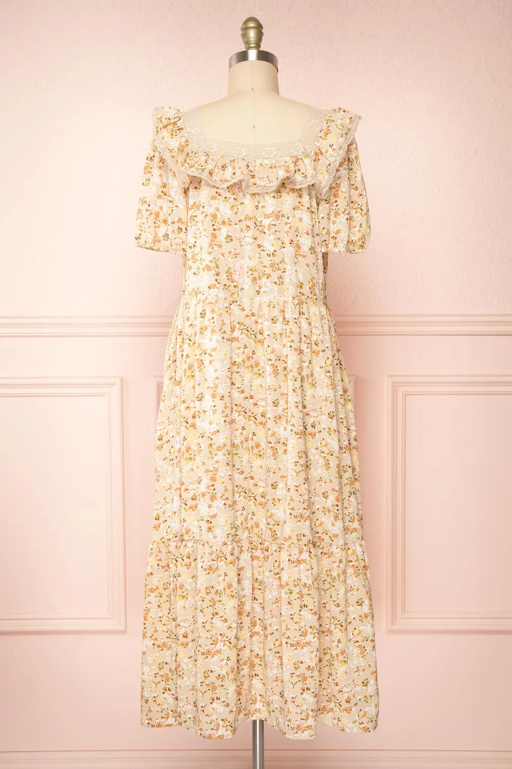 Oydis Taupe | Floral Midi Dress w/ Square Neckline