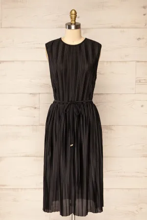 Padstow Black | Sleeveless Pleated Midi Dress