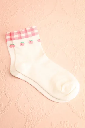 Palmira | Pink Fruit & Gingham Print White Socks