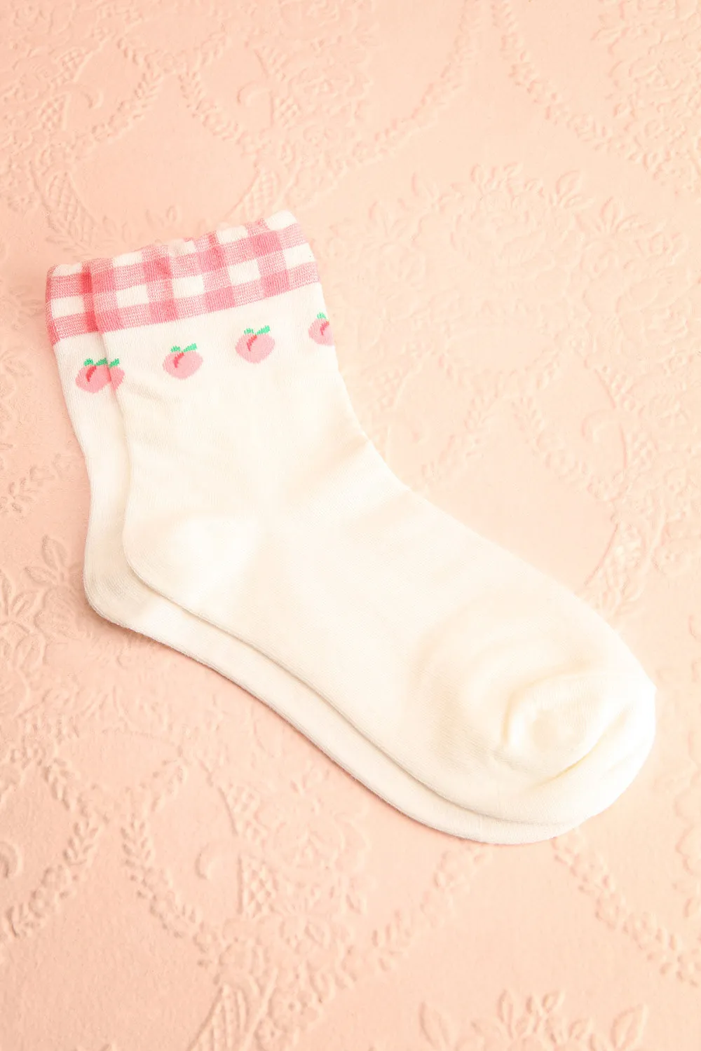 Palmira | Pink Fruit & Gingham Print White Socks