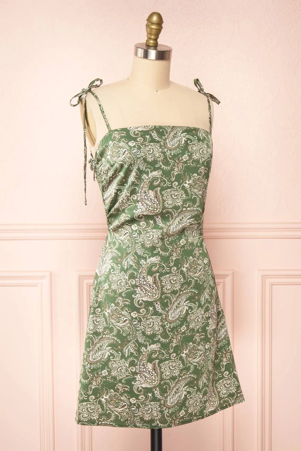 Pamela | Short Paisley Satin Dress w/ Tie Straps