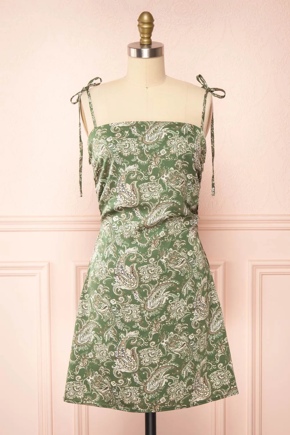 Pamela | Short Paisley Satin Dress w/ Tie Straps