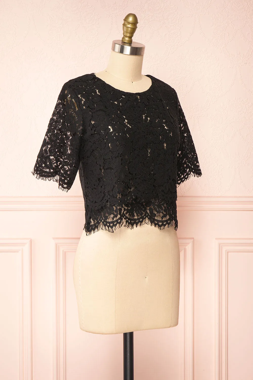 Paora Black | Short Sleeve Lace Crop Top