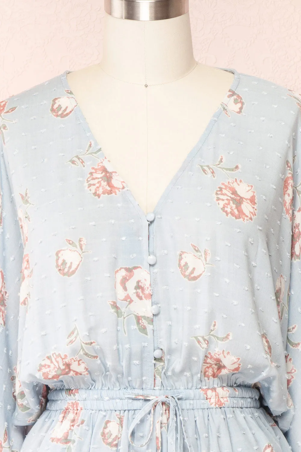 Parsa Blue | V-Neck Floral Plumetis Romper